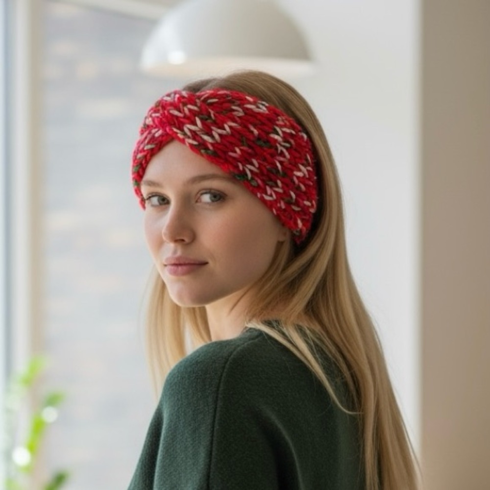 Turban Hat Headband Handmade Earwarmer Christmas Knit Boho Red Green